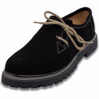 Die linken Haferl-Schuhe in Seitenansicht, klassisches Design und bequemer Sitz in Schwarz. Handgefertigt und rahmengenäht, ideal für Trachten und Karneval. Stilvoll, erschwinglich und zeitlose Handwerkskunst.