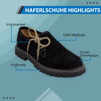 Handgefertigte bayerische Herren-Haferl-Schuhe in Schwarz aus 100 % Veloursleder. Robuste Kordelschnürung, profilierte Sohle und klassische runde Kappe vereinen Tradition und modernen Komfort.
