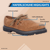 Elegant chestnut men's haferl shoes with side laces and a rubber sole. Handmade with a German-labeled inner lining. A perfect blend of style and durability. Order now and enjoy these sophisticated shoes today!
