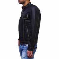 Men's Fashionable Lamb Nappa Leather Jacket Black A side view of a men's black motorcycle leather jacket, featuring a front full zipper, long sleeves, and a polyester lining. The jacket is crafted from fashion nappa leather and includes one inner pocket.