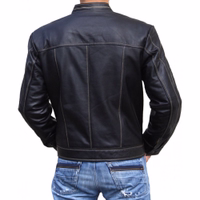 Men's Fashionable Lamb Nappa Leather Jacket Black Elegant back view of a luxurious 100% lamb nappa leather jacket. Featuring long sleeves, a sophisticated polo neck, and practical side pockets with zippers. A stylish zipper breast pocket adds an extra touch of functionality.