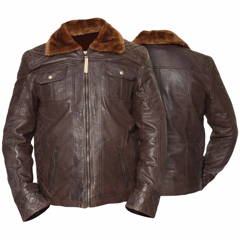 Herren Mode Nappa-Lederjacke. Sehr weiches Material für hohen Tragekomfort. Front- und Rückansicht der Herren Nappa Lederjacke in Dunkelbraun. Aus feinstem Lammnappa gefertigt, bietet sie weiches Material für höchsten Komfort. Mit Fellkragen und mehreren Taschen, entworfen von German Wear.