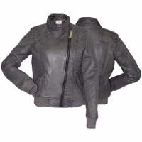 Ladies leather blazer leather jacket blazer genuine leather jacket lamb nappa leather. Very soft material that offers high wearing comfort. Front and rear view of jacket, Discover luxury with women Grey leather jacket. Crafted from 100% lamb nappa leather, this jacket features a front zip, sleeve buttons, and multiple pockets. Designed by German Wear, it's a stylish and functional choice.