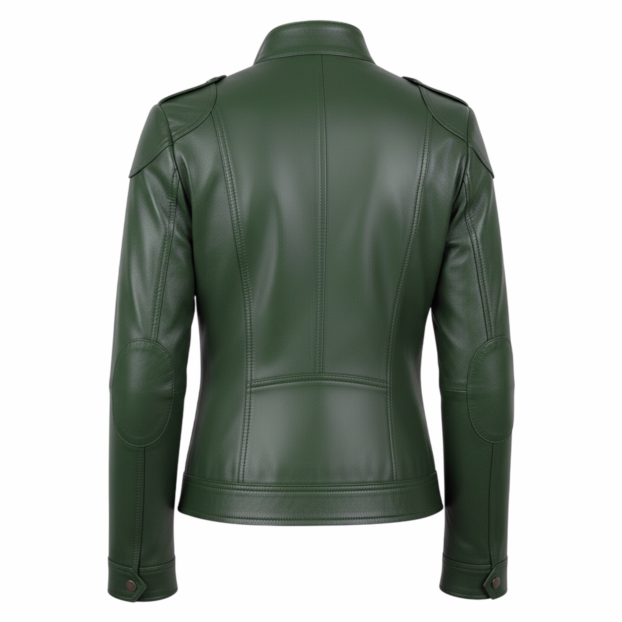 Rückansicht einer hochwertigen Damen-Lederjacke aus besonders weichem Material für höchsten Komfort. Mit praktischen Taschen und klassischem Knopfverschluss vereint diese Premium-Jacke Stil und Funktionalität. Weltweite kostenlose Rücksendun
