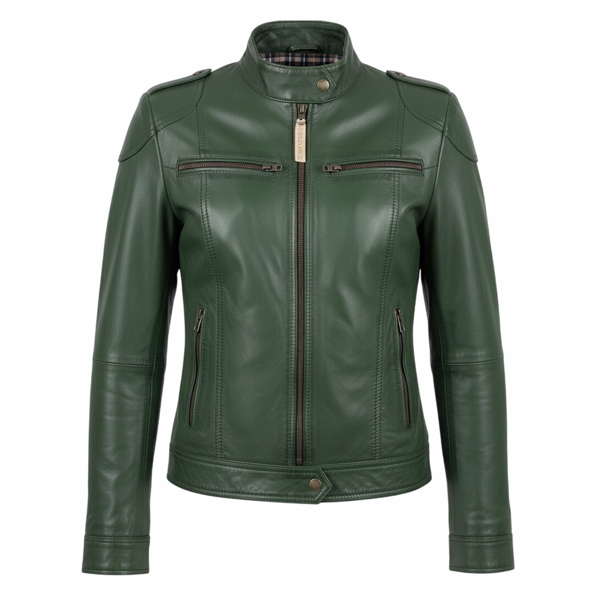 Vorderansicht einer grünen Leder-Motorradjacke. Erleben Sie Luxus mit diesem weichen, natürlichen Lederblazer für höchsten Tragekomfort. Mit praktischen Taschen und klassischem Knopfverschluss vereint er Stil und Funktionalität.