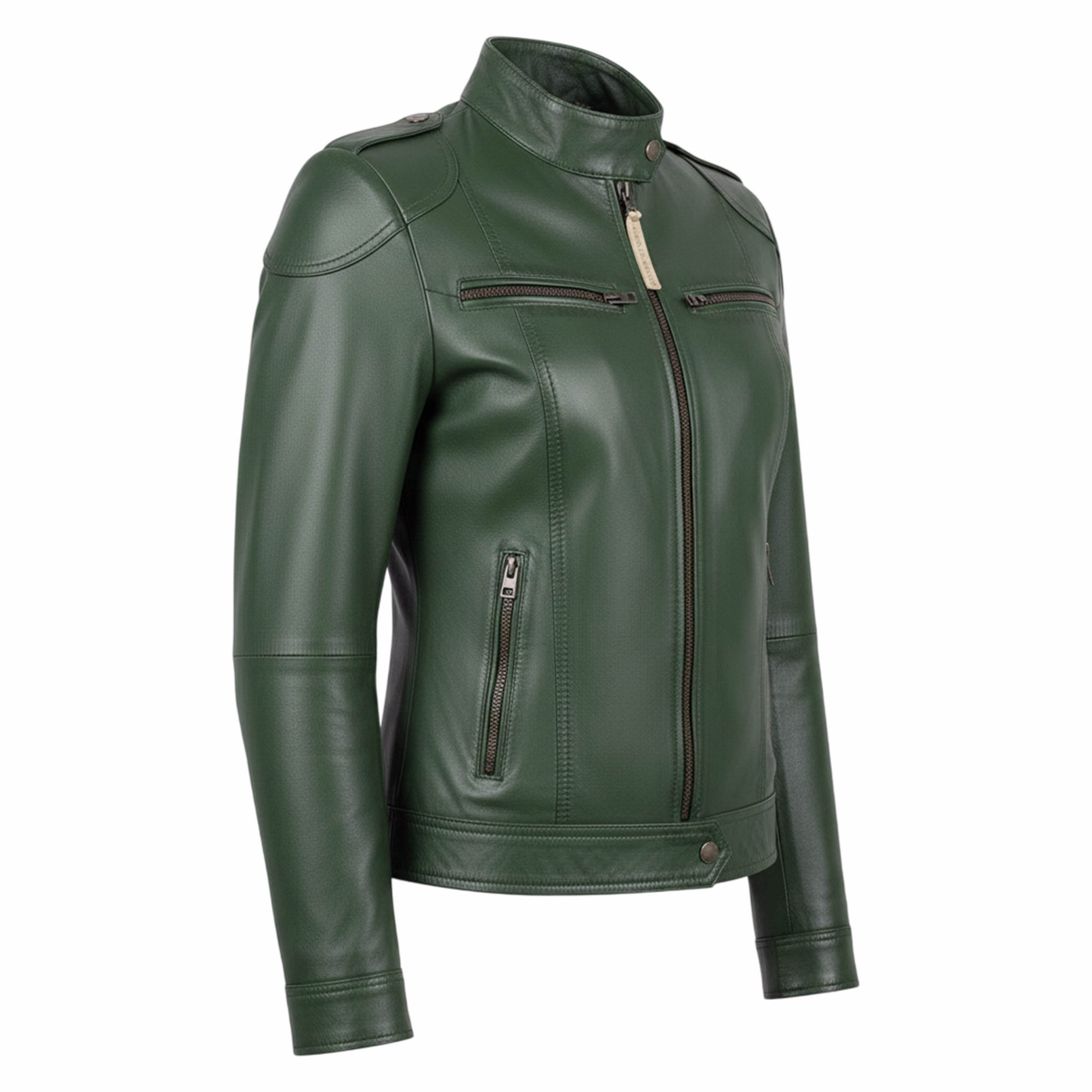 Seitenansicht eines Damen-Blazers aus grünem Nappa-Leder. Diese Premiumjacke ist die perfekte Ergänzung für Ihre Garderobe und verfügt über Stehkragen, Reißverschluss, lange Ärmel, seitliche Reißverschlusstaschen und runde Manschetten. Jetzt bestellen!