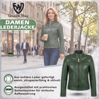 Green women's leather jacket made of genuine leather with side pockets, worn by a woman on the street and featured in a product image
