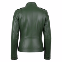 Back view of a ladies premium leather jacket crafted from exceptionally soft material for superior comfort. Featuring practical pockets and a classic button closure, this premium jacket combines style with functionality. Enjoy worldwide free returns.
