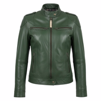 Front view of a green leather motorcycle jacket. Experience luxury with this soft, natural leather blazer for ultimate comfort. It features practical pockets and a classic button closure, blending style with functionality.