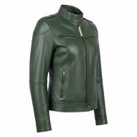 Side view of a ladies' green Nappa leather blazer. This premium-quality jacket is the perfect addition to your wardrobe, featuring a stand-up collar, zipper closure, long sleeves, side pockets with zippers, and round cuffs. Order today!