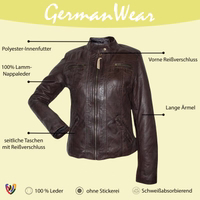 Damen-Lederblazer – Lederjacke aus echtem Lammnappa-Leder. Vorderansicht einer braunen Leder-Motorradjacke. Genießen Sie Luxus mit einem Blazer aus natürlichem Leder. Sehr weiches Material für hohen Komfort, mit praktischen Taschen und klassischem Knopfverschluss. Premium-Produkt, weltweite kostenlose Rückgabe.