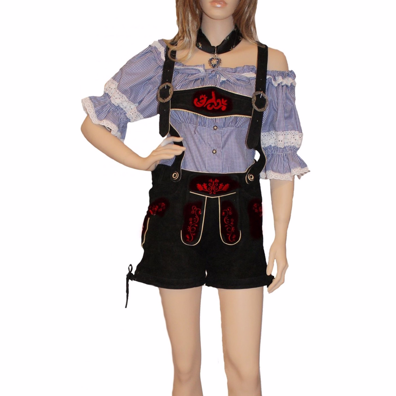 Damen Kurze trachtenlederhose damenlederhose Schwarz/rot Ziegenleder Wildbockleder