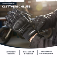 Motocross-Motorrad-Biker-Sommerhandschuhe in Schwarz Person schließt verstellbaren Klettverschluss der Motorradhandschuhe für verstellbare Passform und sicheren Griff