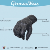Motorbike Biker Lederhandschuhe Schwarz Premium German Wear Qualität der schwarzen Lederhandschuhe, Vertrauen Sie der überlegenen Handwerkskunst von German Wear mit diesen hochwertigen Motorradhandschuhen. Entworfen für moderne Biker.