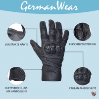 Motorbike Biker Lederhandschuhe Schwarz Merkmale der schwarzen Lederhandschuhe von German Wear – Für moderne Biker gefertigt, bieten diese Handschuhe erstklassige Qualität, Langlebigkeit und Stil. Fahre mit Vertrauen und Komfort, unterstützt durch bewährte deutsche Ingenieurskunst.