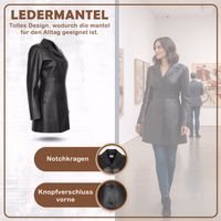 Damenmantel aus schwarzem Lammnappaleder Dieser schwarze Damenledermantel aus hochwertigem Lammnappaleder ist weich, stilvoll und bequem.