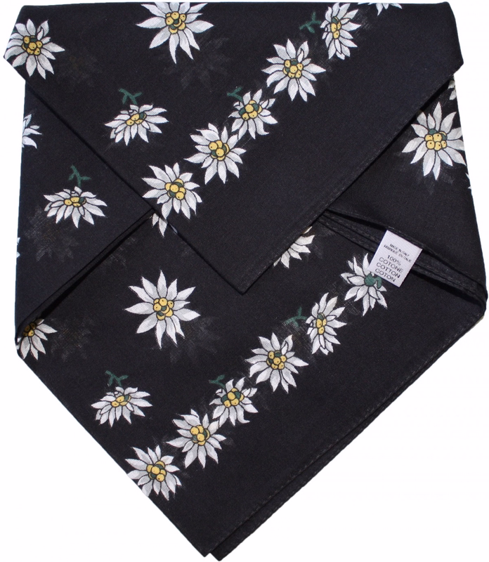 Traditional scarf in Black by German Wear German Wear Edelweiss Scarf, black 50x50cm traditional cotton scarf with floral pattern. Lightweight and soft, ideal as a dirndl scarf, Bavarian costume accessory, or Oktoberfest neckerchief.
