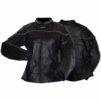 Women Motorcycle Calfskin Leather jackets Women's motorcycle leather jacket in black color, with both front and rear views, is crafted from the finest calfskin. It is equipped with protectors for the arms, shoulders, and back. Additionally, it features two front pockets closed with hidden zips.