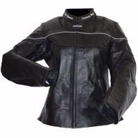 Women Motorcycle Calfskin Leather jackets The women's motorcycle jacket in black color, with a front view, is equipped with protectors for the arms, shoulders, and back. It features a stand-up collar and removable lining, as well as a zipper and Velcro closure.