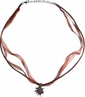 Traditional costume necklace Edelweiss satin chiffon rhinestones metal traditional costume necklace brown Brown German traditional necklace with satin and chiffon ribbons, featuring a rhinestone-studded Edelweiss pendant; perfect Trachten, Dirndl, and Oktoberfest jewelry accessory.