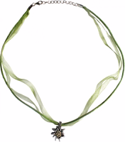 Traditional costume necklace Edelweiss satin chiffon rhinestones metal traditional costume necklace green Green Traditional German Necklace with satin/chiffon ribbons, rhinestone-studded Edelweiss pendant, perfect Dirndl and Bavarian costume jewelry, ideal for Oktoberfest and festive occasions.