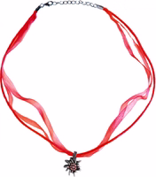 Traditional costume necklace Edelweiss satin chiffon rhinestones metal traditional costume necklace red Red German Necklace with satin and chiffon ribbons, rhinestone-studded Edelweiss pendant, handmade Bavarian and Dirndl jewelry, 47–52 cm, perfect for Oktoberfest and festive occasions.
