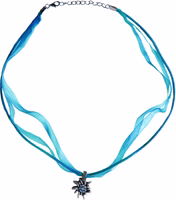 Traditional costume necklace Edelweiss satin chiffon rhinestones metal traditional costume necklace turquoise Traditional German Necklace with turquoise Edelweiss pendant, satin and chiffon ribbons, rhinestone-studded Dirndl jewelry, perfect for Oktoberfest, festivals, and costume wear.