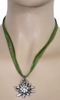 Traditional Edelweiss Necklace from German Wear Front view of green satin/chiffon Traditional Edelweiss Necklace with rhinestone-studded pendant, perfect German costume accessory for Oktoberfest or festive outfits.