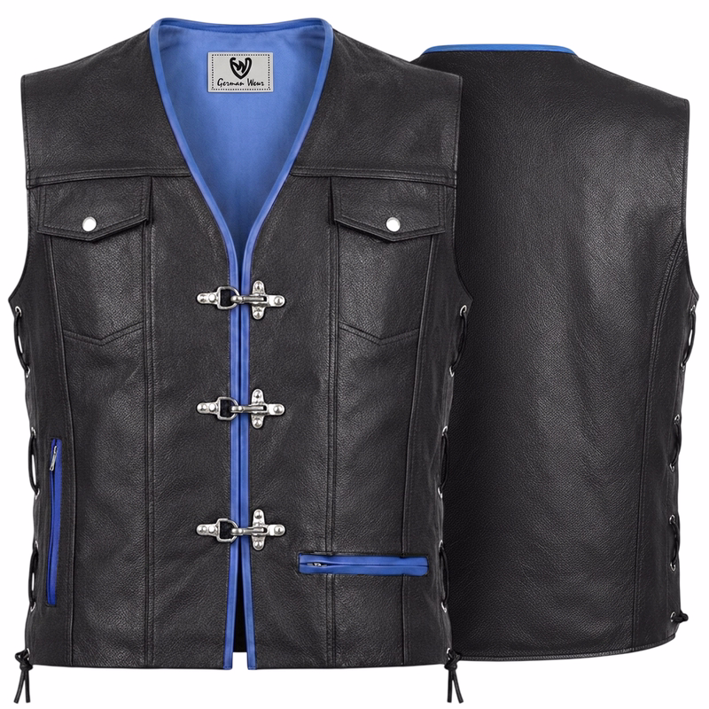 Leather Motorcycle Vest Leathervest Bikervest black/blue Front & Rear views German Wear's Blue/Black Leather Motorcycle Vest. Crafted from premium cowhide, it offers both durability &comfort. Stand out on the road with style and functionality. #Leather motorcycle vest, Premium cowhide, Biker style, Free Delivery