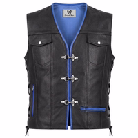 Leder-Motorradweste, Lederweste, Bikerweste Schwarz/Blau Entfesseln Sie den Fahrer in sich mit der blau/schwarzen Leder-Bikerweste, Frontansicht. Aus echtem Rindsleder gefertigt, robust & komfortabel. Verbessern Sie Ihre Fahrt mit deutscher Handwerkskunst. Premium-Produkt.