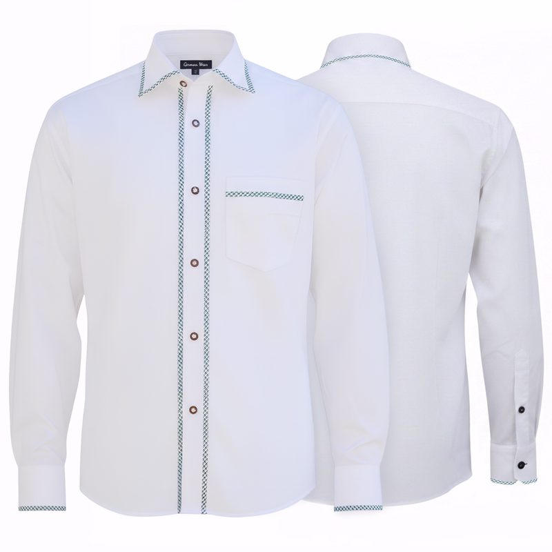 Men's Traditional Bavarian Shirt Front and back view of White traditional Bavarian shirt with kent collar