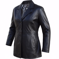 Women's leather coat Black Side view of a women's lamb nappa leather coat, crafted from 100% genuine lamb nappa leather with a soft polyester lining. The coat features an elegant design with inner pockets and a luxurious, supple texture.