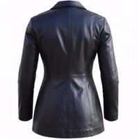 Women's leather coat Black Back view of a ladies' black lamb nappa leather coat featuring a classic lapel collar and a button closure. Crafted from 100% genuine lamb nappa leather and lined with soft polyester, this coat includes an inner pocket for added convenience.