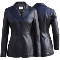 Women's leather coat Black Front and back view of a stylish black lamb nappa leather coat. Features include a classic lapel collar