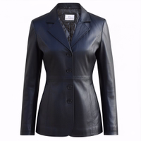 Women's leather coat Black Front view of a stylish black lamb nappa leather coat. Features include a classic lapel collar, front buttons, side pockets, and genuine soft lamb nappa leather. This fashionable coat is made from 100% high-quality lamb nappa for a timeless look.