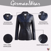 Women's leather coat Black Close-up of black women's lambskin leather jacket showing lapel collar and button closure detail