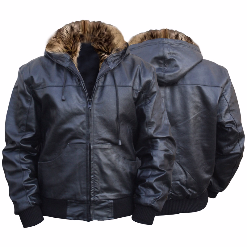 Leather hoodie hooded jacket fashion Real cowhide Black Men's Leather hoodie hooded jacket in black color showcases its both front and back views. A Classic full sleeves hooded jacket with frontal zip fastening