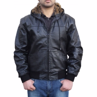 Leather hoodie hooded jacket fashion Real cowhide Black men's black napa leather jacket in black color presents its front view design. It features a matching black quilted inner lining, ensuring warmth without compromising on style.