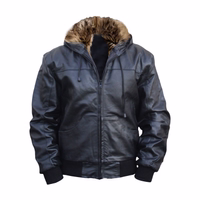 Leather hoodie hooded jacket fashion Real cowhide Black Men's black sheepskin fashion jacket is displayed from the front, featuring one pocket at chest level on each side. It is buttoned up on the front for a stylish and secure fit.