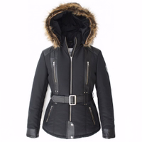 Ladies polyester jacket with lambskin stripes. Ladies Polyester Jacket with lambskin stripes combines comfort and style. Designed by German Wear, this black jacket features extra shoulder padding and multiple practical pockets. Free next business day delivery.
