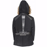 Ladies polyester jacket with lambskin stripes. Experience comfort and style with the Ladies Polyester Jacket, featuring lambskin leather stripes. Designed by German Wear, this jacket offers extra shoulder padding and practical pockets. Free next business day delivery.