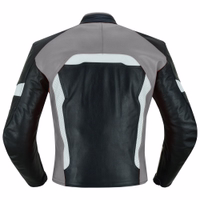 In der Rückansicht zeigt die graue Herren-Motorradjacke Protektoren an Armen, Schultern, Ellbogen und Rücken. Außerdem verfügt sie über Klettverschlüsse am Hals sowie unten über dem Hauptreißverschluss, was für einen sicheren.