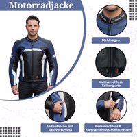 Herren-Motorrad-Lederjacke mit Stehkragen, Klettverschlüssen an der Taille und seitlicher Reißverschlusstasche.