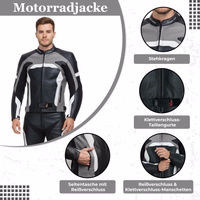 Herren-Motorrad-Lederjacke mit Stehkragen, Klettverschluss-Riemen an der Taille und seitlicher Reißverschlusstasche.