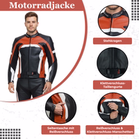 Men's leather motorcycle jacket with stand-up collar, Velcro waist straps, zippered side pocket