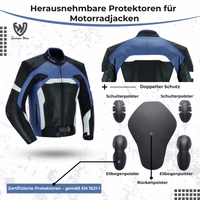 Abnehmbare Protektoren für die Motorradjacke: Schulterpolster, Ellbogenpolster und Rückenpolster – doppelter Schutz.