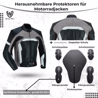 Abnehmbare Protektoren für die Motorradjacke: Schulterpolster, Ellbogenpolster und Rückenpolster – doppelter Schutz.