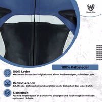 Motorradjacke mit reflektierenden Elementen sowie Protektoren an Schultern, Ellbogen und Rücken.