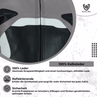 Motorradjacke mit reflektierenden Elementen sowie Protektoren an Schultern, Ellbogen und Rücken.