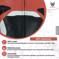 Motorcycle jacket with reflective elements and protectors at shoulders, elbows, back